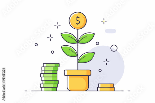 Tall green seedling sprouts from a yellow pot, topped with a golden dollar coin, contrasting against a large stack of green currency bills below it.