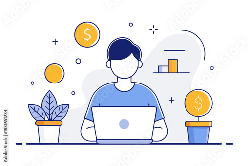 Faceless individual operates a notebook computer while observing various symbols of monetary gain, including floating coins and a small plant growing beside currency stacks.