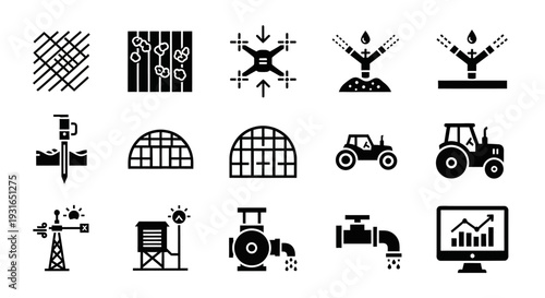 Collection of smart farming and agriculture technology icons, depicting irrigation, drones, tractors, and data analysis.