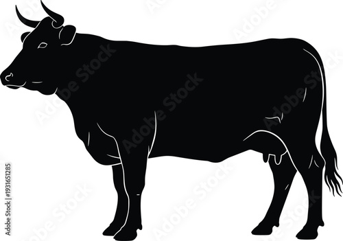Black Cow Silhouette Vector Illustration, Farm Cattle Standing Side View in Simple Monochrome Rural Agriculture Design