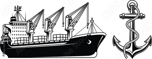 Cargo ship with deck cranes and nautical anchor symbol, maritime transport industry black and white vector illustration isolated on white background