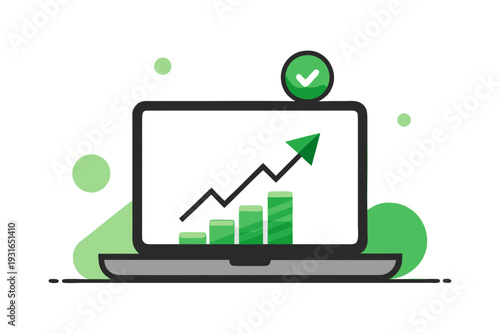 Laptop displays a sharp upward trending line graph with an accompanying checkmark icon indicating successful data analysis and verified performance improvement metrics.