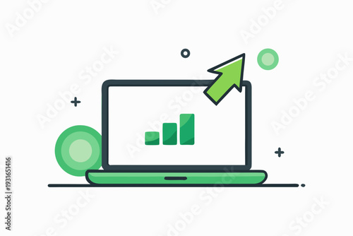 Portable computer shows simple bar growth charts where a large green cursor arrow points directly toward the uppermost growing digital value for upward momentum.