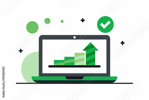 Notebook computer presents a clearly ascending bar graph with a large green upward arrow and a verification checkmark symbolizing completed business objectives and task accomplishment.