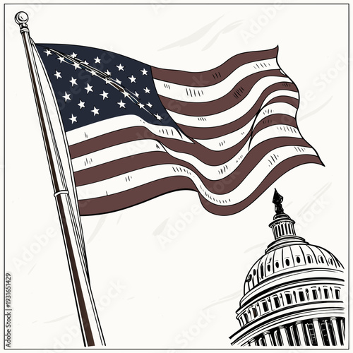 American Flag Waving with US Capitol Building in Background.