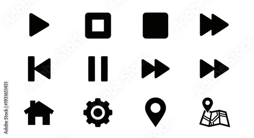 Media Player Controls and Navigation UI Solid Icons Set on Isolated White Background