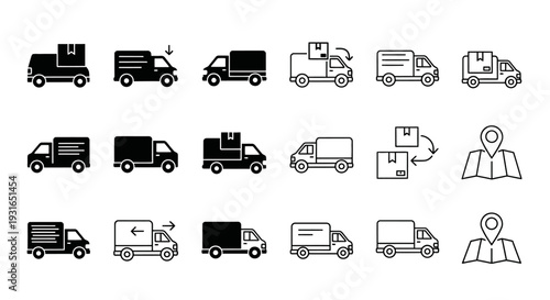 Delivery Truck and Logistics Line Icons Set on Isolated White Background