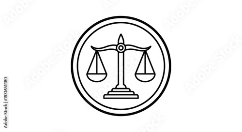 Scales of Justice Outline Icon Within a Circular Frame, Symbolizing Law, Fairness, and Balance on Isolated White Background.