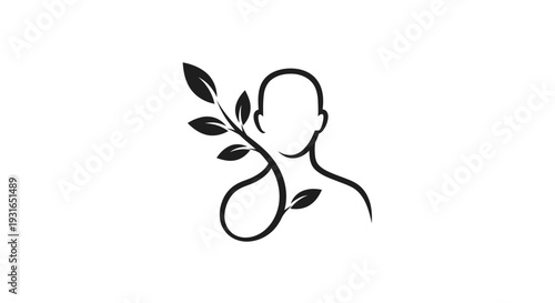 Abstract Human Head Profile with Leaf Branch, Symbolizing Environmental Health, Wellness, and Personal Growth on Isolated White Background.