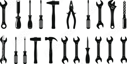 Hand Tools Silhouette Vector Illustration Set, Collection of Wrenches, Screwdrivers, Hammer and Pliers in Black and White Design