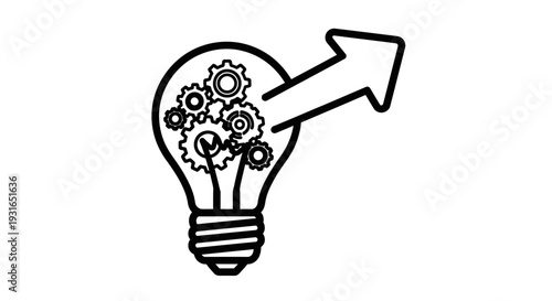 Lightbulb with Internal Gears and Outward Arrow Icon Symbolizing Innovation, Problem-Solving, and Idea Growth on isolated white background.