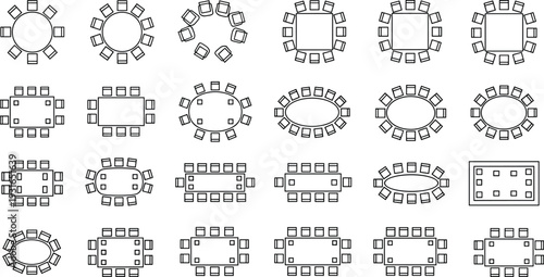 Conference table top view icons set with round square and rectangular meeting room layouts chairs arrangement black and white vector illustration