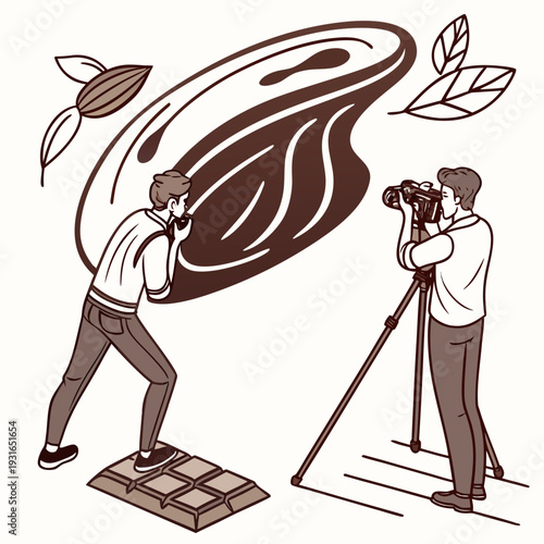 Two men collaborating on a professional food photography shoot with chocolate and leaves.