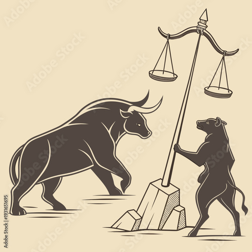 Bull and Bear Market Balance with Scales.