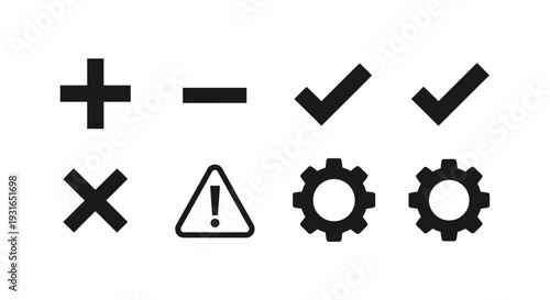 Basic Interface Control Icons Set with Plus, Minus, Checkmark, X, Warning, and Gear Symbols on isolated white background.