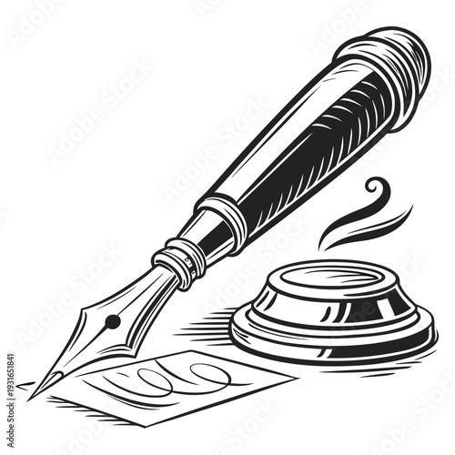 Vintage Fountain Pen and Inkwell with Paper.