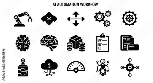 A comprehensive set of black icons illustrating various concepts within AI automation workflows, including robotics, data processing, machine learning, cloud computing, and task management.
