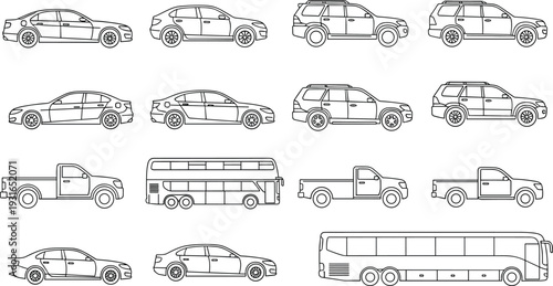 Set of cars pickup trucks and buses side view line icons, transport vehicles outline collection vector illustration isolated on white background