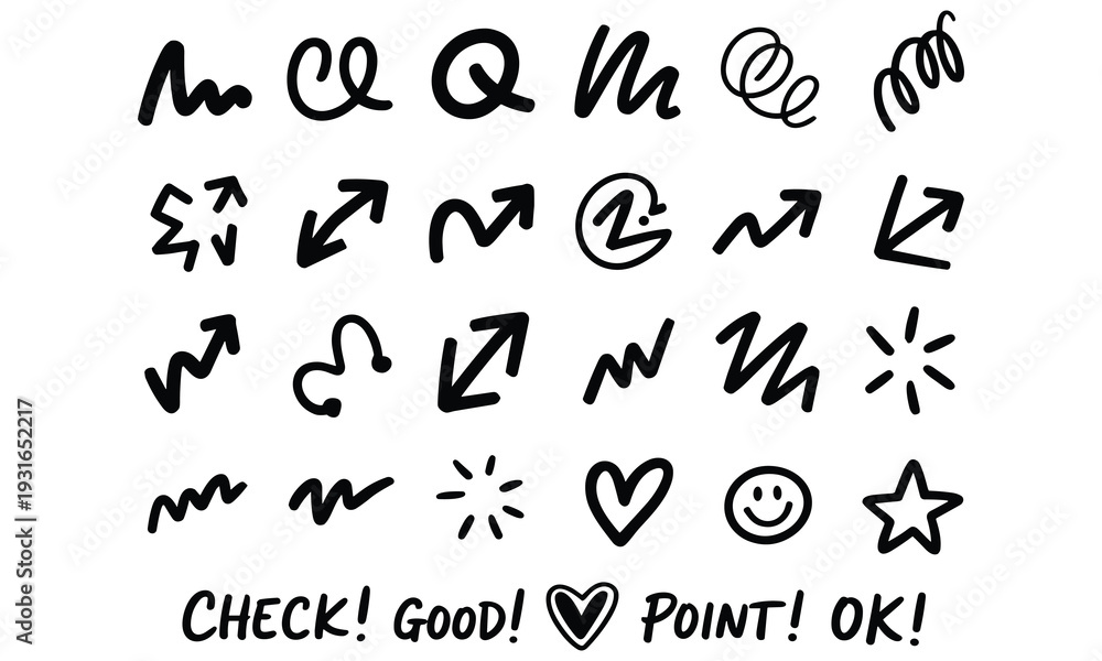 Fototapeta premium Collection of hand drawn symbols and gestures illustrating various expressions and actions with simple doodles and arrows conveying movement and emotions in a minimalist style.