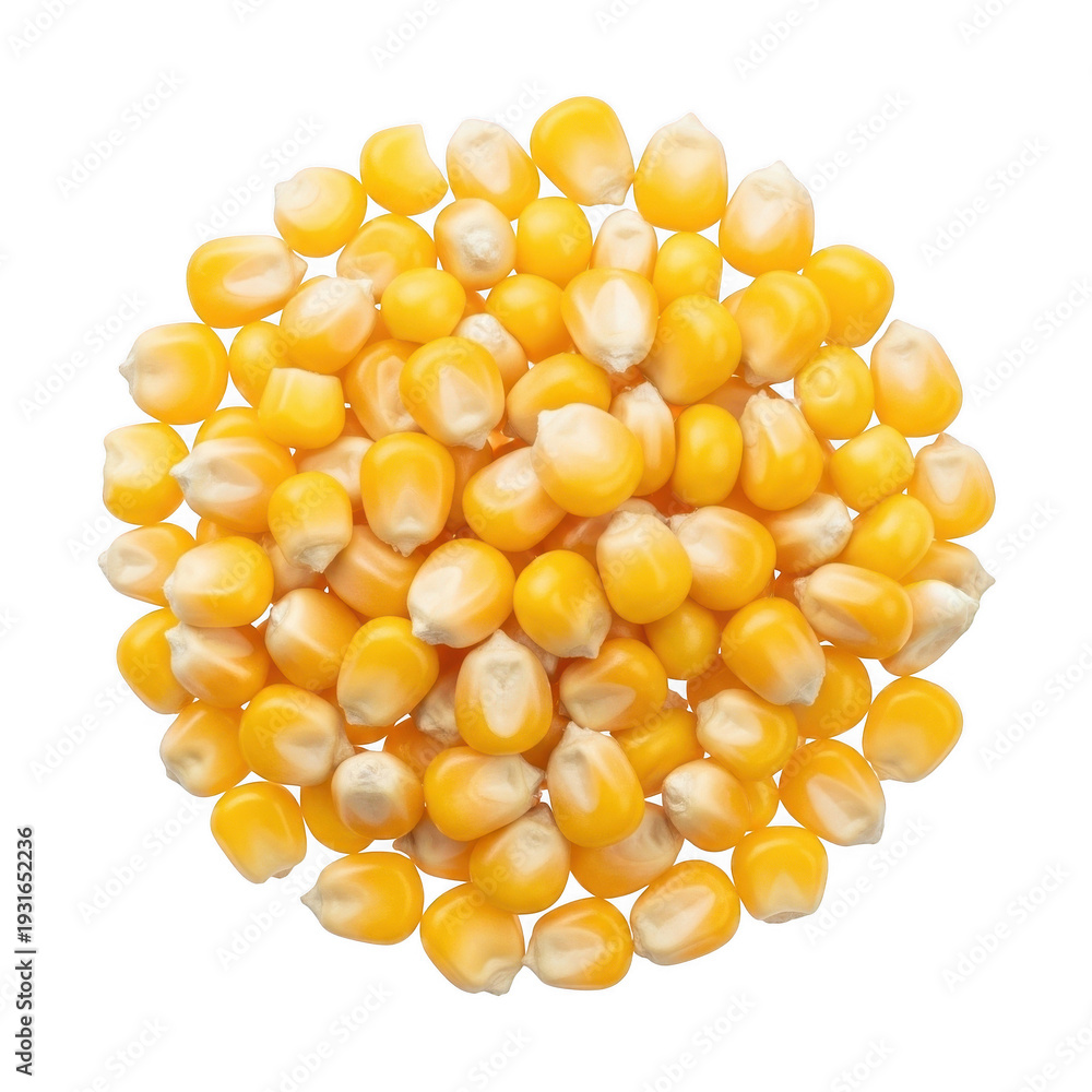 Fototapeta premium A tightly packed circular arrangement of vibrant yellow popcorn kernels isolated on transparent background high quality