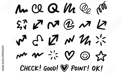 Collection of hand drawn symbols and gestures illustrating various expressions and actions with simple doodles and arrows conveying movement and emotions in a minimalist style.