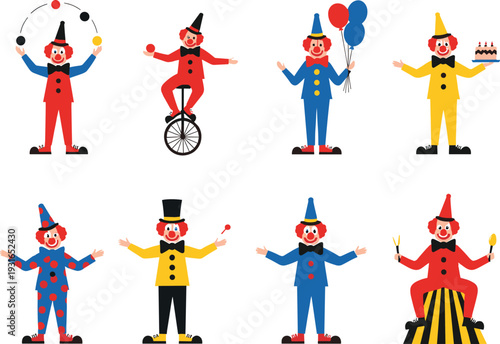 Flat Vector Set of Circus Clown Characters Featuring Juggling, Unicycling, Magic Tricks, and Balloons for Kids' Birthday Parties, Carnival Events, and Entertainment Graphic Designs