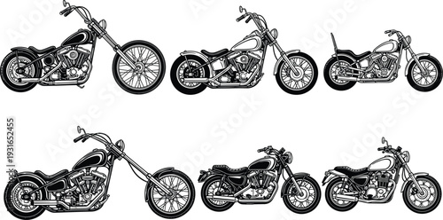Collection of Custom Chopper and Cruiser Motorcycles Vector Illustration Set in Detailed Black and White Side View Style