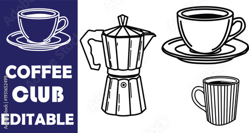Editable coffee cup and coffee maker line art illustrations