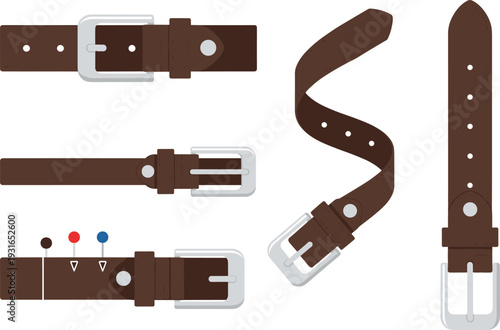 Flat Vector Set of Classic Brown Leather Belts with Silver Metal Buckles in Multiple Poses Including Straight, Coiled, and Detailed Close-ups for Fashion and Apparel Designs