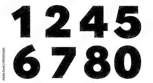 distressed grunge black numbers set featuring scratched textured digits on a white background for graphic design