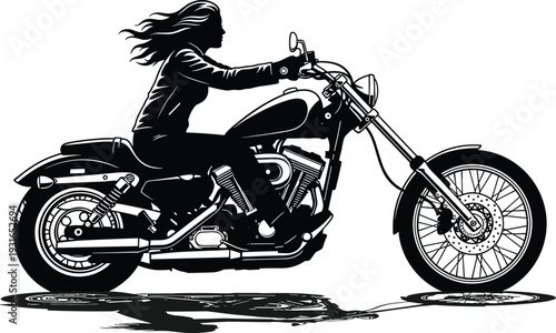 Black Silhouette of Woman Riding Chopper Motorcycle, Detailed Vector Illustration of Female Biker on Classic Cruiser in Motion
