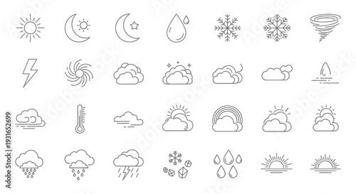minimal line art weather icons illustrating various climate conditions and meteorological phenomena for forecasts.
