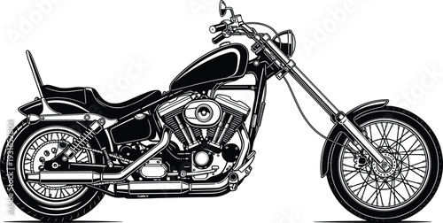Vintage Custom Chopper Motorcycle Vector Illustration, Black and White Classic Cruiser Bike with Detailed Engine and Extended Fork