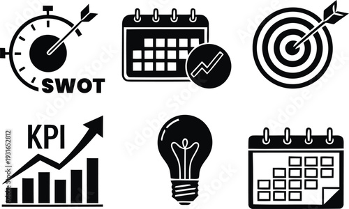 Business Strategy Analysis and KPI Management SWOT Planning Vector Icons Set