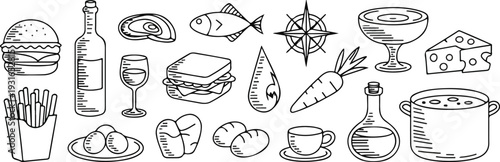 Minimal hand-drawn vector doodle collection of breakfast, lunch, dinner, and snacks meals in clean smooth line art style