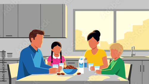 family breakfast parents and children eating healthy dates and milk together at the kitchen table promoting wellness.