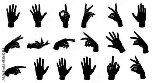 multiple black silhouette hands displaying various common gestures and signs useful for communication and non-verbal expression concepts