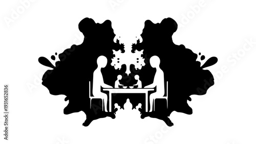 rorschach inkblot test illustrating a family meal with parents and children symbolizing perception and relationship dynamics.