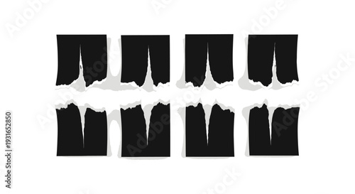 torn black paper pieces with jagged edges and subtle shadows arranged on a white background for design texture or copy space.