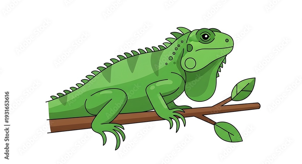 Fototapeta premium Vibrant green chameleon perched on branch with leaves