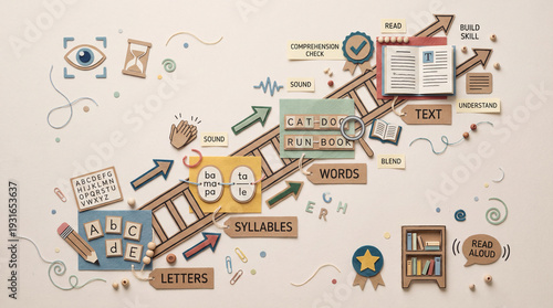 Reading Skill Development Infographic, Handmade Paper Cut Craft Flat Lay, Letter Syllable Word Text Learning Ladder Diagram For Education.