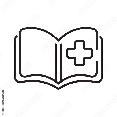 Open Medical Book with Cross Symbol Line Icon for Healthcare Education and First Aid Guides