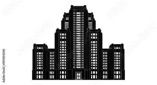 a dramatic art deco skyscraper silhouette with glowing windows representing classic urban architecture and timeless city design.