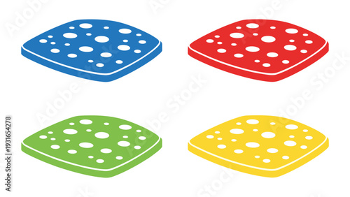 Four colored perforated plastic or rubber sheet panels displayed side by side