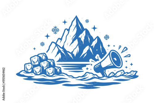 Megaphone Announcement in Arctic Ice Landscape Mountains Ice Cubes Snowflakes Blue Monochrome Illustration
