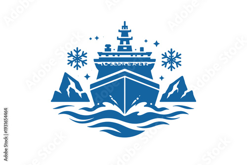 Icebreaker Ship Arctic Expedition Front View Mountains Snowflakes Blue Monochrome Logo Illustration