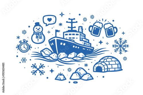 Arctic Cruise Adventure Illustration Icebreaker Ship Igloo Snowman Beer Cheers Snowflakes Winter Fun Blue Monochrome