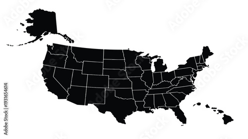 Black Silhouette Map of the United States of America with Individual States Outlined, Including Alaska and Hawaii, for Geographical Representation
