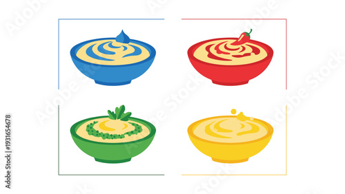 Four colorful bowls of food with distinct toppings and vibrant colors