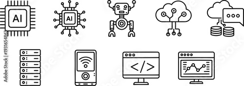 Artificial Intelligence and Cloud Computing Tech Linear Vector Icons Set
